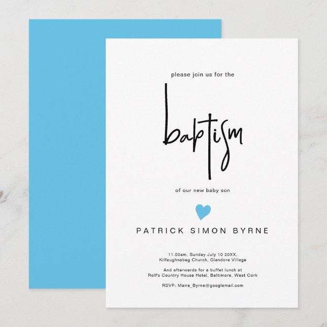 Convite Batismo Contemporâneo Menino Blue Heart Boy (Frente/Verso)