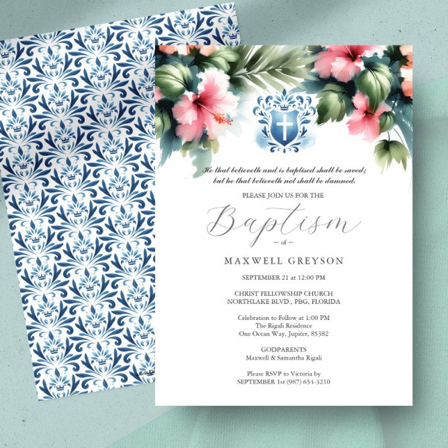 Convite Batismo convoca Azul e Rosa Religiosos (Baptism invitations with godparents names pink hibiscus flowers by Victoria Grigaliunas)
