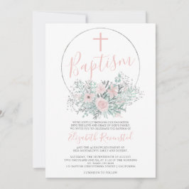 Convite Batismo cor-de-água floral cor-de-rosa de prata