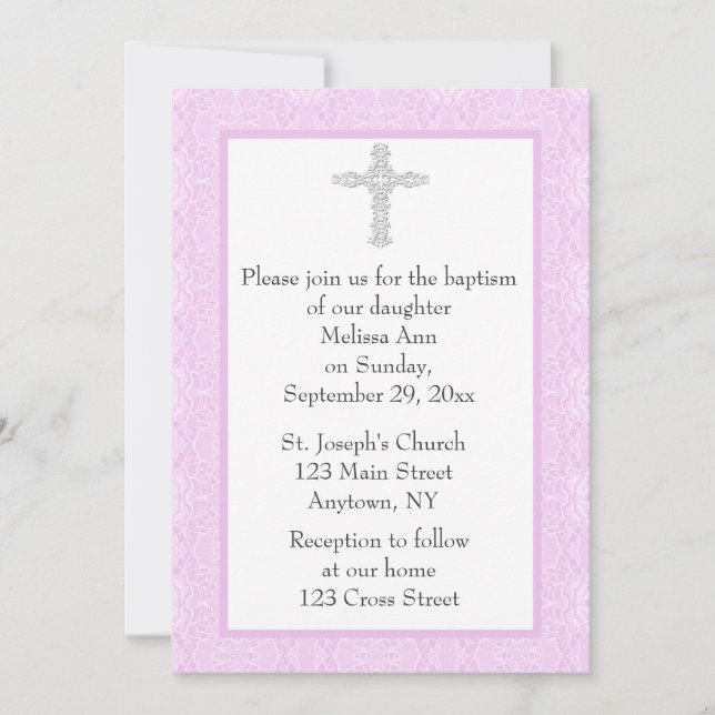 Convite Batismo cor-de-rosa (Frente)