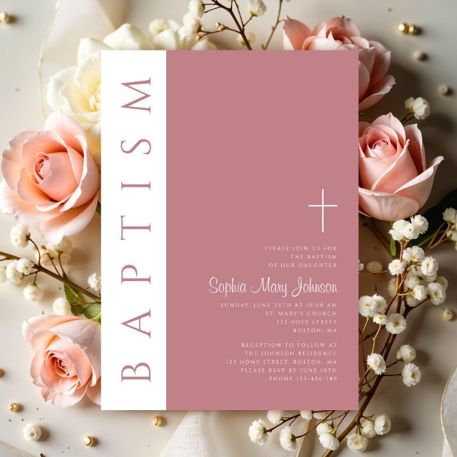 Convite Batismo Cor-de-rosa moderno e elegante (Modern Elegant Script Pink Baptism Invitation)