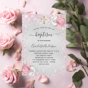Convite Batismo cor-de-rosa-prateado brilho floral
