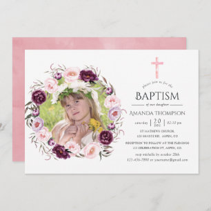 Convite Batismo cor-de-rosa Profundo e Bush ou Christening