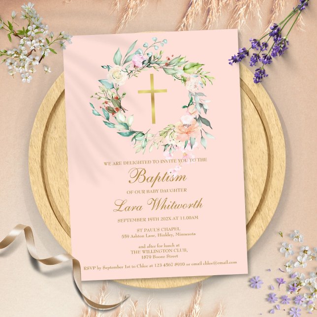 Convite Batismo Coral Floral Bege Rosa (Baptism Christening Floral Garland Blush Pink Invitation)
