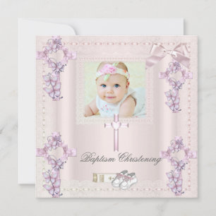 Convite Batismo Creme Cruz Rosa Menina Foto batizado