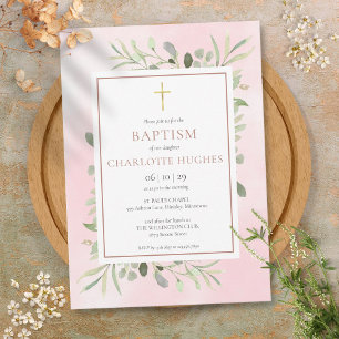 Convite Batismo Crisma Aquarela Verde Rosa Dourado