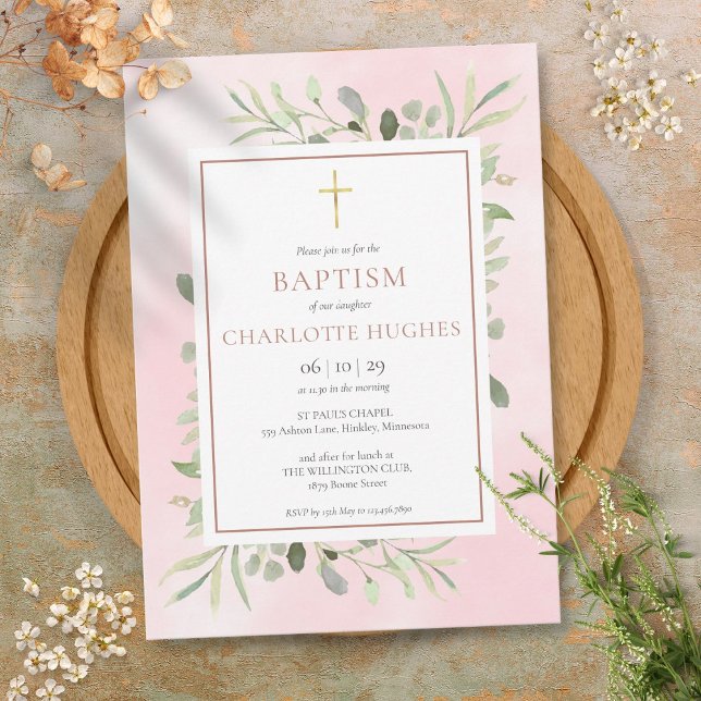 Convite Batismo Crisma Aquarela Verde Rosa Dourado (Baptism Christening Watercolor Greenery Rose Gold Invitation)