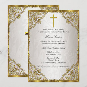 Convite Batismo/Crisma Cruz Damasko Pérola Bege Dourado