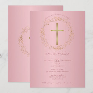 Convite Batismo Cristalização Cruz em Ouro Rosé Floral