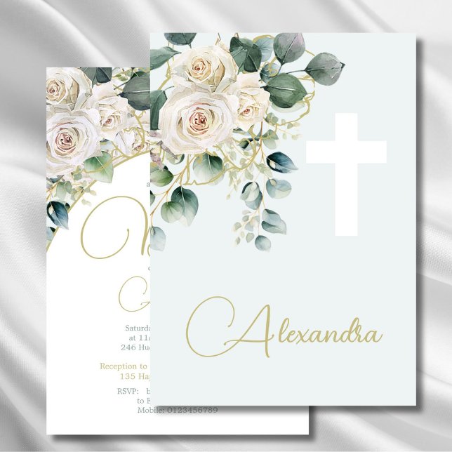 Convite Batismo cristalizando a Cruz Religiosa Verde Suave (Criador carregado)