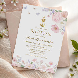 Convite Batismo Cristão de Menina Borboleta Floral Pastel