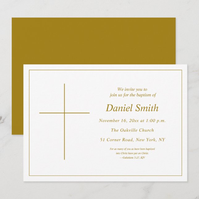 Convite Batismo cristão Dourado mínimo amarelo (Frente/Verso)
