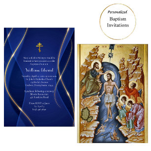 Convite Batismo Cristão Ortodoxo Dourado Metálico Azul Pro