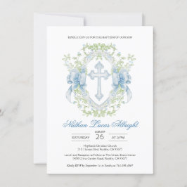 Convite Batismo Cruz Crest Greenery Baby Boy