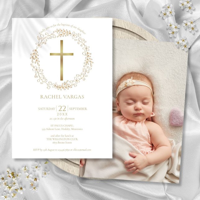 Convite Batismo Cruz Dourada Floral Foto (Baptism Christening Gold Cross Floral Photo Invitation)