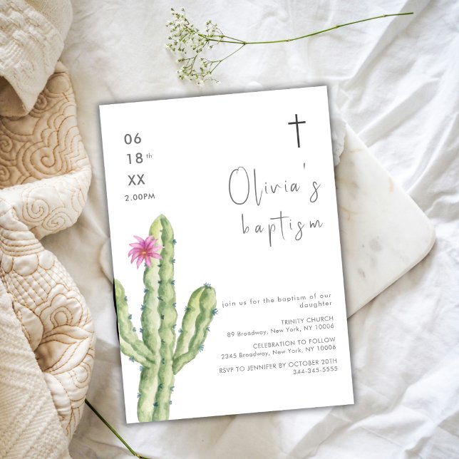Convite Batismo Cruzado com Flor de Cuctus Simples (Simple Watercolor Cuctus Flower Cross Baptism Invitation)