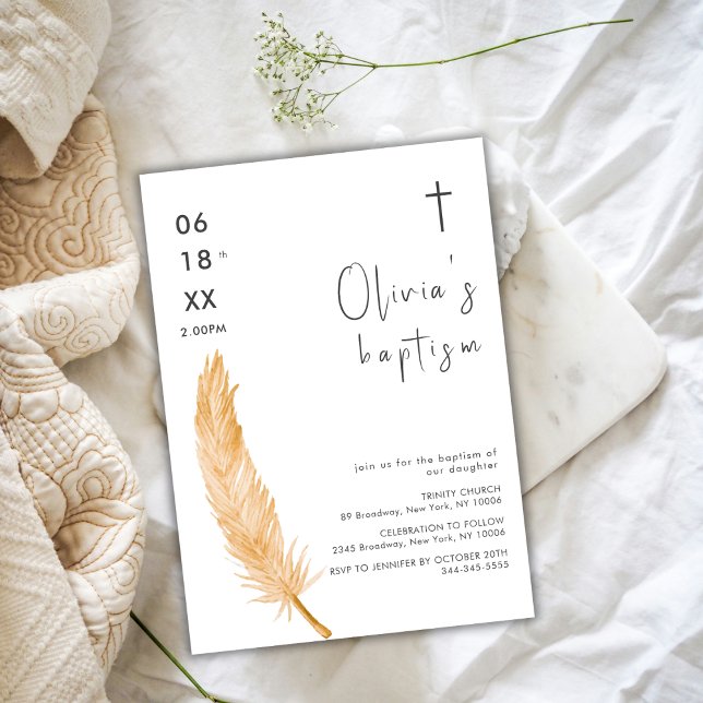 Convite Batismo Cruzado com Folha de Aquarela Neutra (Neutral Watercolor Feather Cross Baptism Invitation)