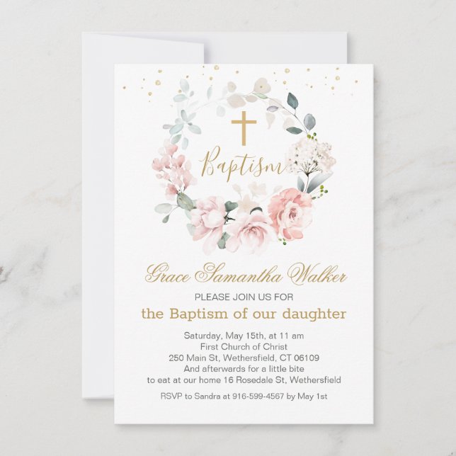 Convite Batismo Cruzado com Folhagem Rosa (Frente)