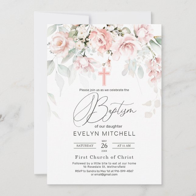 Convite Batismo Cruzado com Folhagem Rosa (Frente)