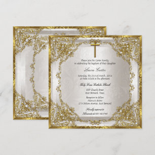 Convite Batismo Cruzado Dourado Beige Pearl Damask/Christe