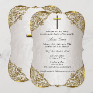 Convite Batismo Cruzado Dourado Beige Pearl Damask/Christe