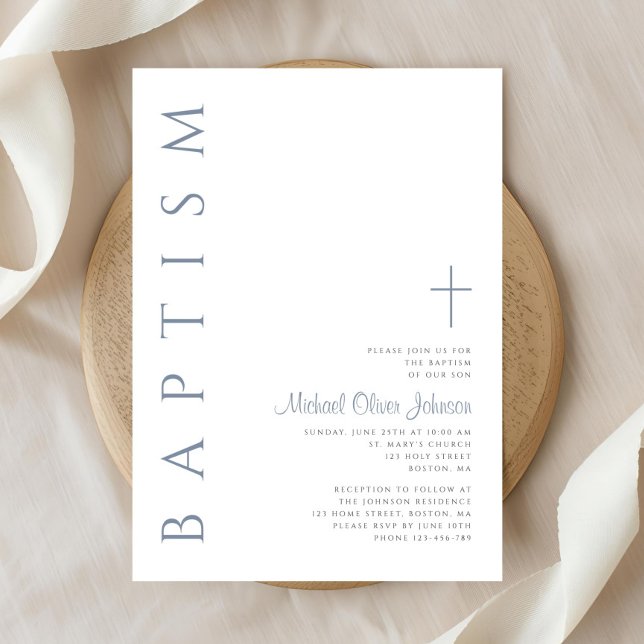 Convite Batismo Cruzado Elegante Dusty (Elegant Dusty Blue Script Cross Baptism Invitation)