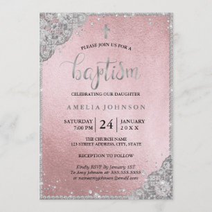 Convite Batismo cruzado entre rendas de diamante Dourado R