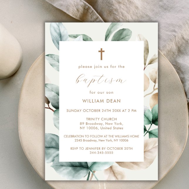 Convite Batismo Cruzado Moderno Boho Greenery (Modern Boho Greenery Cross Baptism Invitation)