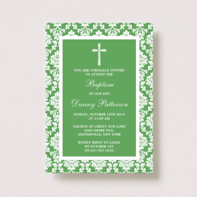 Convite Batismo Cruzado Verde Damask Ou Christening (Criador carregado)