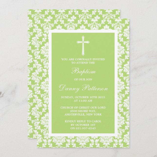 Convite Batismo Cruzado Verde Damask Ou Christening (Frente/Verso)