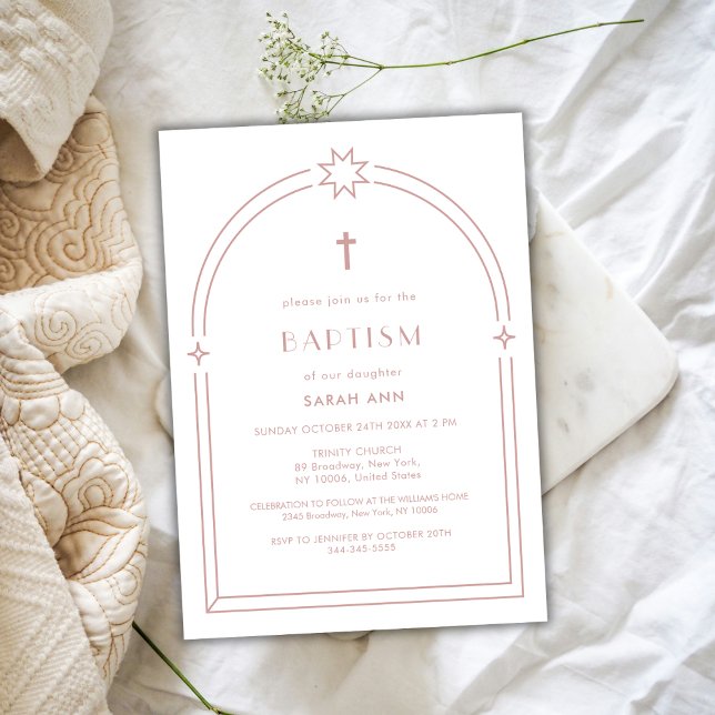 Convite Batismo da Cruz Boho Minimalista Dusty Rosa (Dusty Pink Minimalist Boho Arch Cross Baptism Invitation)