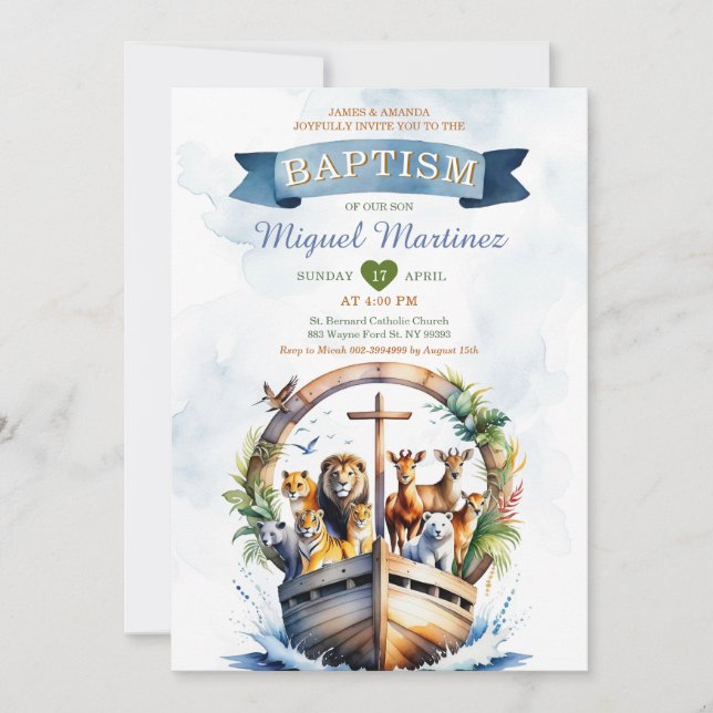 Convite Batismo da cruz da madeira Safari Ark Safari, da W (Frente)
