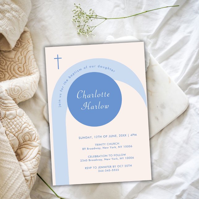 Convite Batismo da cruz do arco azul moderno Beige Boho (Modern Blue Beige Boho Arch Cross Baptism Invitation)