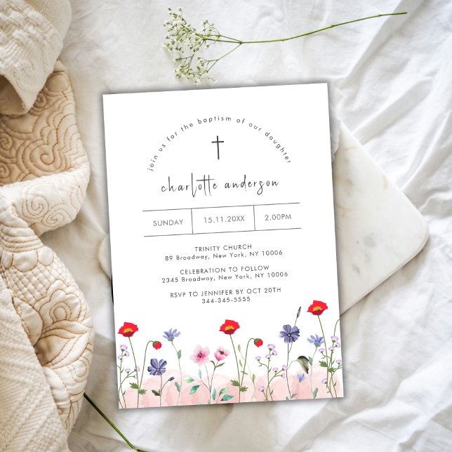 Convite Batismo da Cruz Flor Meadow Summer (Meadow Summer Little Flower Cross Baptism Invitation)