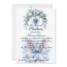 Batismo da Cruz Floral Azul Elegante