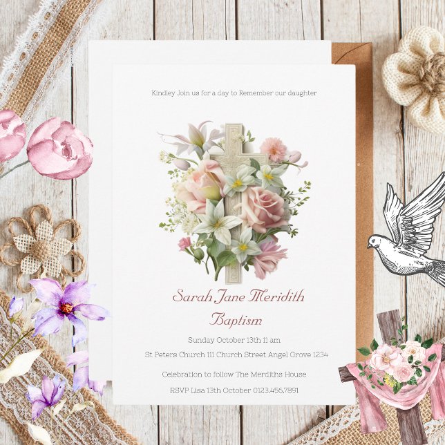 Convite Batismo da Cruz Floral Elegante (Elegant Floral Cross Baptism Invitation )