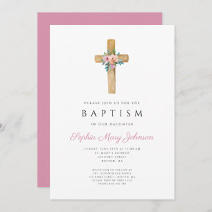 Convite Batismo da Cruz Floral Rosa Elegante