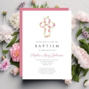Convite Batismo da Cruz Floral Rosa Personalizada