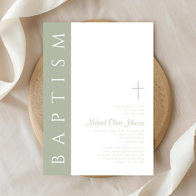 Convite Batismo da Cruz Verde do Elegante Moderno (Modern Elegant Sage Green Cross Baptism Invitation)