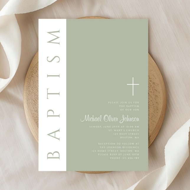Convite Batismo da Cruz Verde Elegante Moderno (Elegant Modern Sage Green Cross Baptism Invitation)