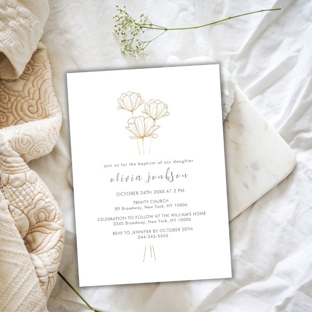 Convite Batismo da Dourada Flor Negra Moderna (Modern Black Gold Flower Christening Girl Baptism Invitation)