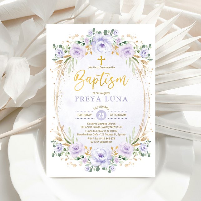 Convite Batismo da Lavanda Chic Dourada Floral Girl (Criador carregado)