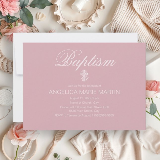 Convite Batismo da Menina Bebê Rosa com Cruz (Elegant blush pink baby baptism invitation)