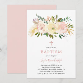 Convite Batismo da Menina Rosa Pidrada Cruz Floral Elegant
