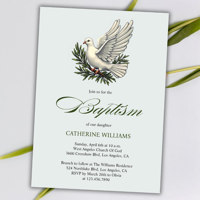 Convite Batismo da pomba branca de guiamento verde-oliva e (Elegant Green Script White Dove and Olive Branch Baptism Invitation)