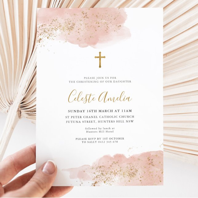 Convite Batismo das Meninas com Cruz Douradas, Aquarela Ro (Girl's Pink and Gold Baptism Invitation with gold cross.)