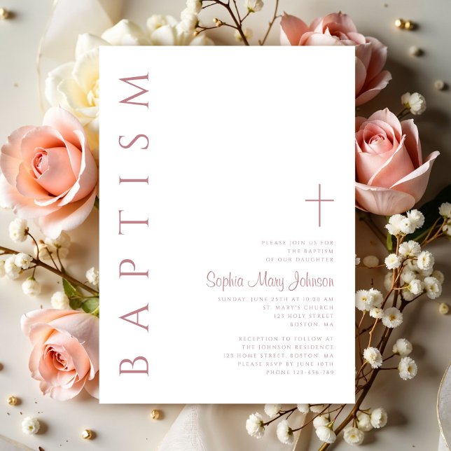 Convite Batismo das Meninas Rosa Rosa Modernas e Elegantes (Modern Elegant Script Pink Girls Baptism Invitation)