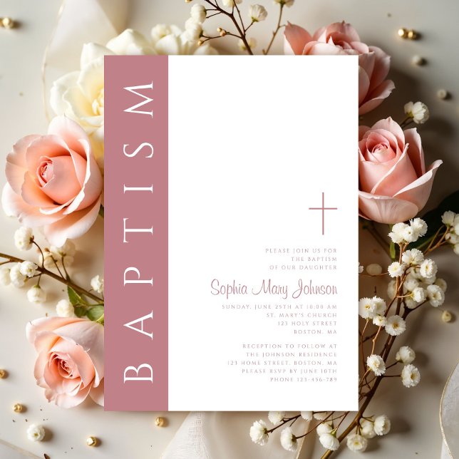 Convite Batismo das Meninas Rosa Rosa Modernas e Elegantes (Modern Elegant Script Pink Girls Baptism Invitation)