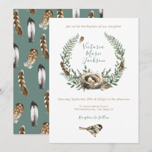 Convite Batismo das ninhas das aves da Woodland Watercolor