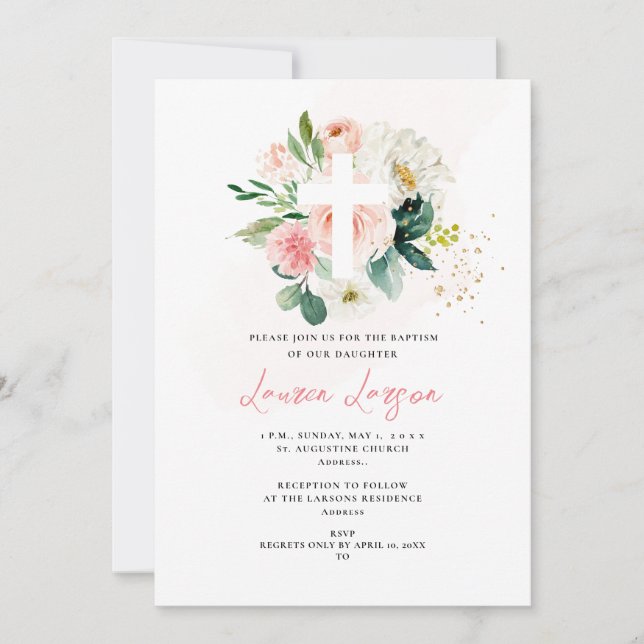 Convite Batismo das Rosas Rosa Pálidas H2 Elegante do Arts (Frente)